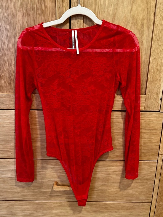 Anthropologie Tops - Anthropologie Lace Long Sleeve Bodysuit Red Size Small Feminine Sheer Holiday